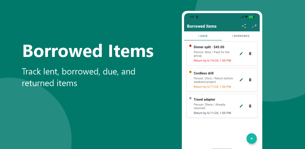 Borrowed Items app preview
